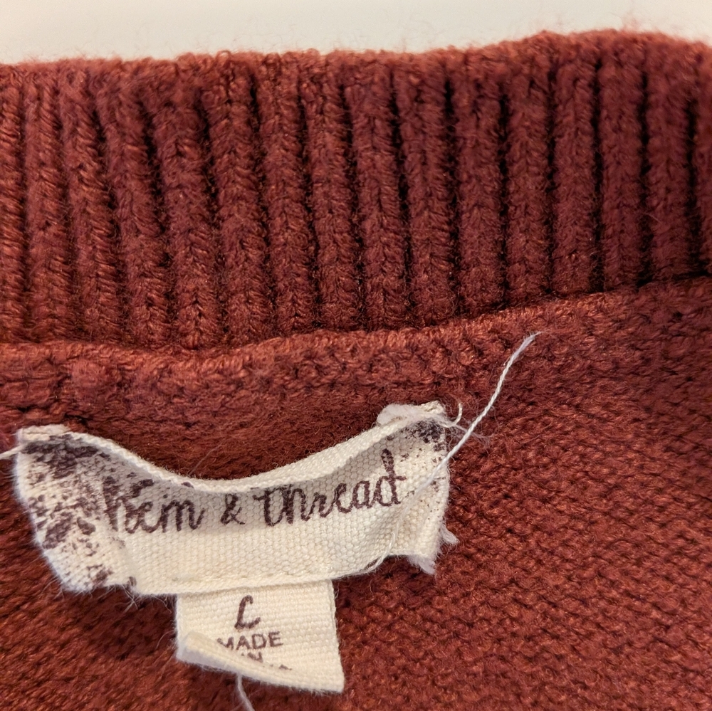 Hem & Thread Rust‎ Brown Diamond Pointelle Knit Sweater Crew Neck Large - Picture 2 of 7